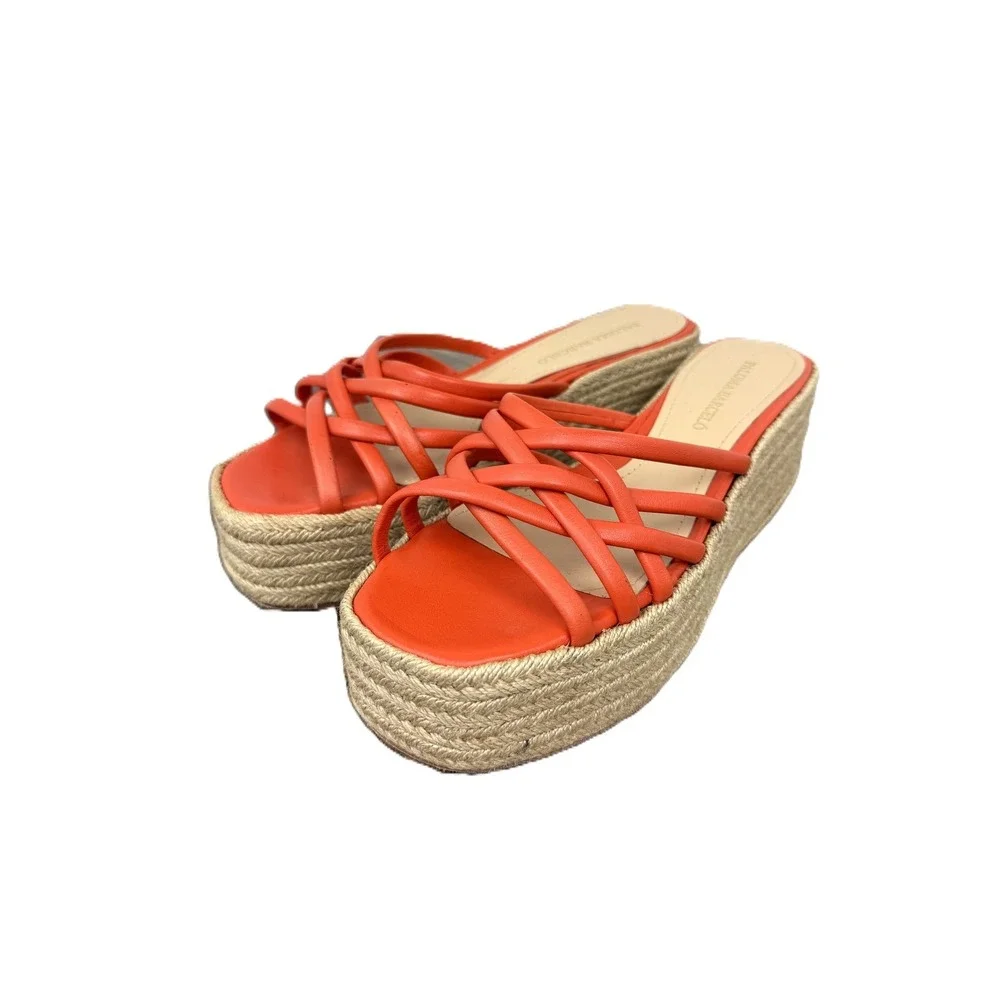 Paloma Barcelo Belinda Wedge Espadrille Platform Sandals Orange Napa Leather 39